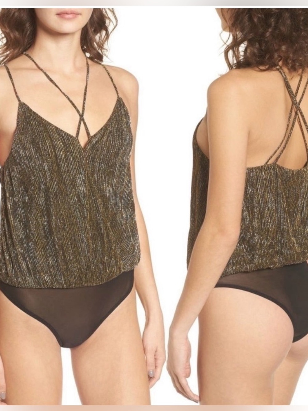Astr The Label Gold and Bronze Metallic Wrap Over Strappy Bodysuit XL